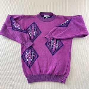 Vtg IZOD CLUB Purple Geometric Knit Sweater Women's Medium 100% cotton